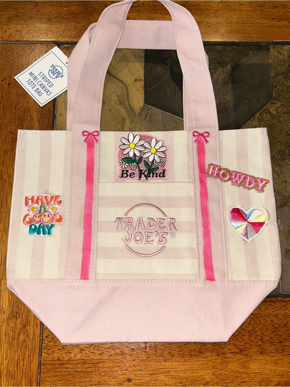 Upcycled Trader Joe's Pink Striped Canvas Tote with Cheerful Patches